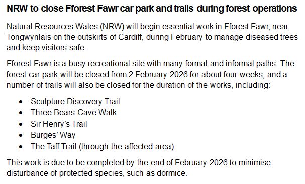 Fforest Fawr trail closure information for tree management